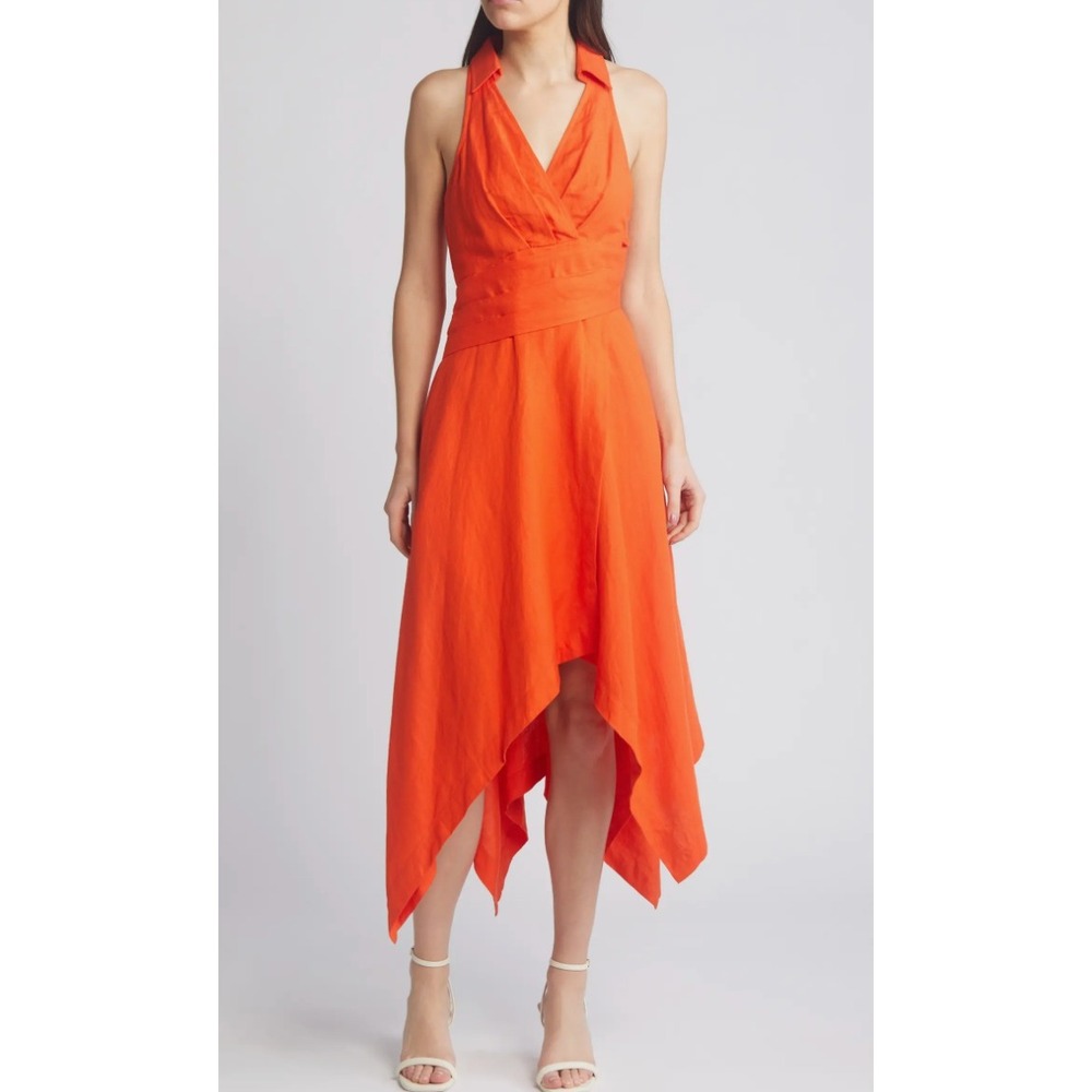 En Saison Midi Dress Womens Medium Orange Linen‎ Resort Summer Lightweight
